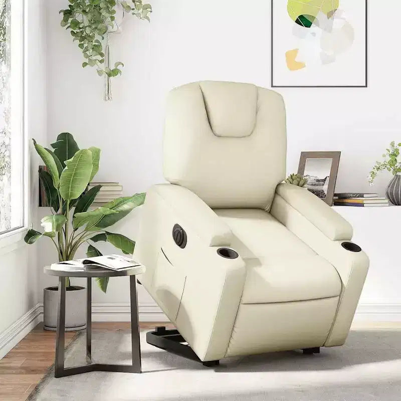 vidaXL Poltrona Reclinabile Elettrica con Power Lift - Poltrona Alzapersona in Similpelle Crema con Portabicchieri e Tasca per Soggiorno, Camera da Letto