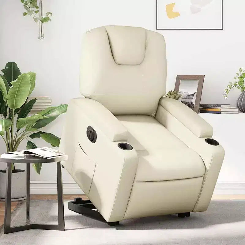 vidaXL Poltrona Reclinabile Elettrica con Power Lift - Poltrona Alzapersona in Similpelle Crema con Portabicchieri e Tasca per Soggiorno, Camera da Letto