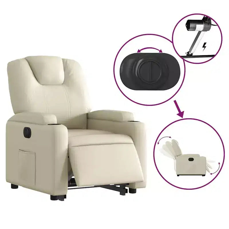 vidaXL Poltrona Reclinabile Elettrica con Power Lift - Poltrona Alzapersona in Similpelle Crema con Portabicchieri e Tasca per Soggiorno, Camera da Letto
