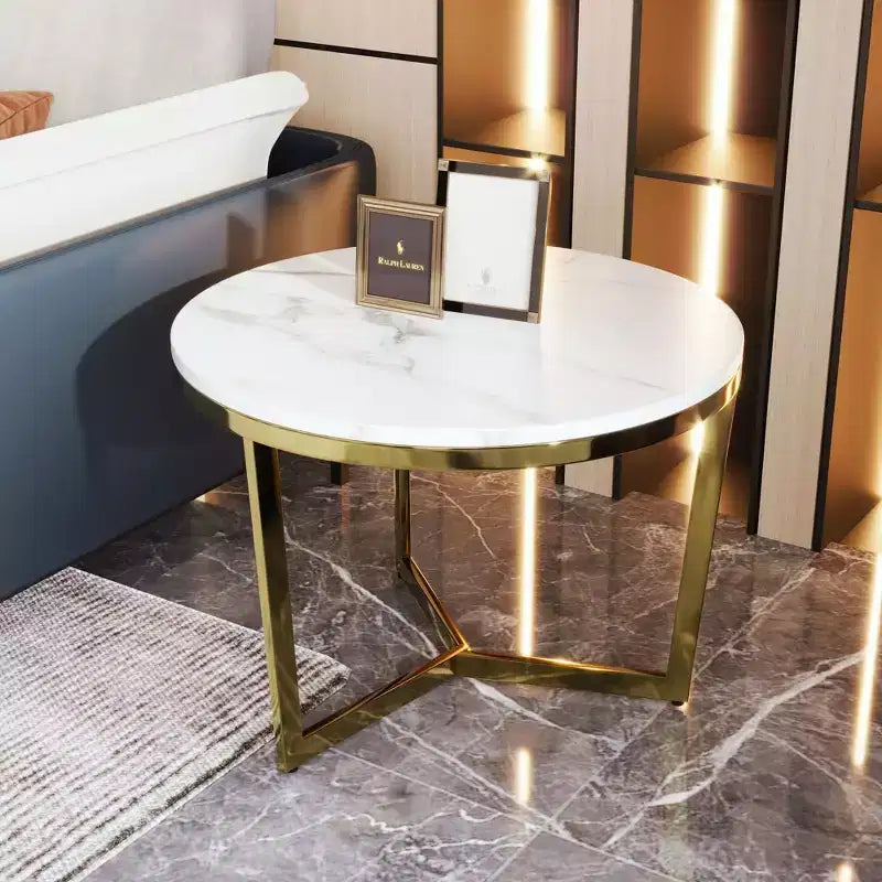 Okak Tavolino da Caffè Moderno Set di 2 Tavolini Nido, Tavolino Rotondo per Soggiorno, Tavolino d'Appoggio con Piano Effetto Marmo e Base Dorata