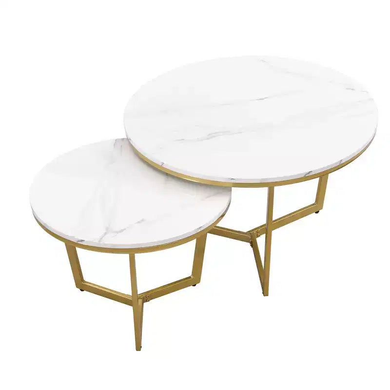 Okak Tavolino da Caffè Moderno Set di 2 Tavolini Nido, Tavolino Rotondo per Soggiorno, Tavolino d'Appoggio con Piano Effetto Marmo e Base Dorata