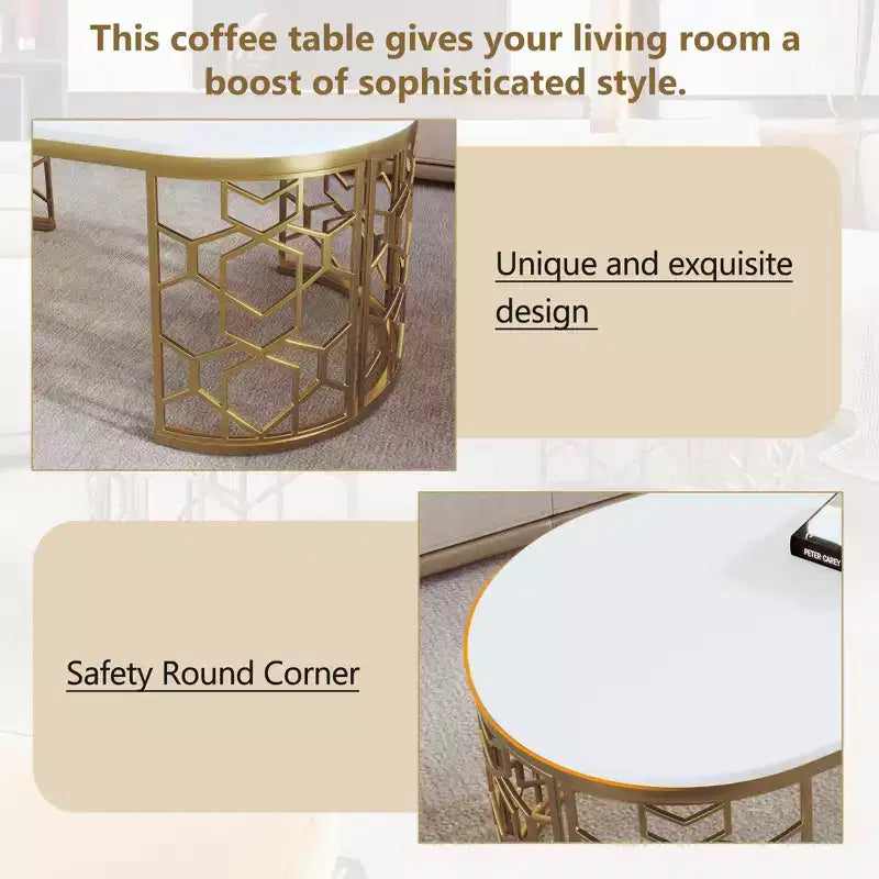 Okak Tavolino da Caffè Moderno Set di 2 Tavolini Nido, Tavolino Rotondo per Soggiorno, Tavolino d'Appoggio con Piano Effetto Marmo e Base Dorata