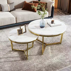 Okak Modern Coffee Table Set of 2 Nesting Tables, Round Side Table for Living Room, Accent Table with Marbling Top Gold Base
