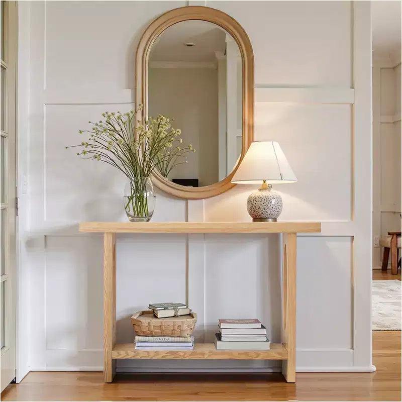 Bekrvio Tavoli console da fattoria in legno da 47 pollici con impiallacciatura in legno massello - Piano del tavolo ispessito da 2'', Tavolo stretto a 2 livelli dietro il divano