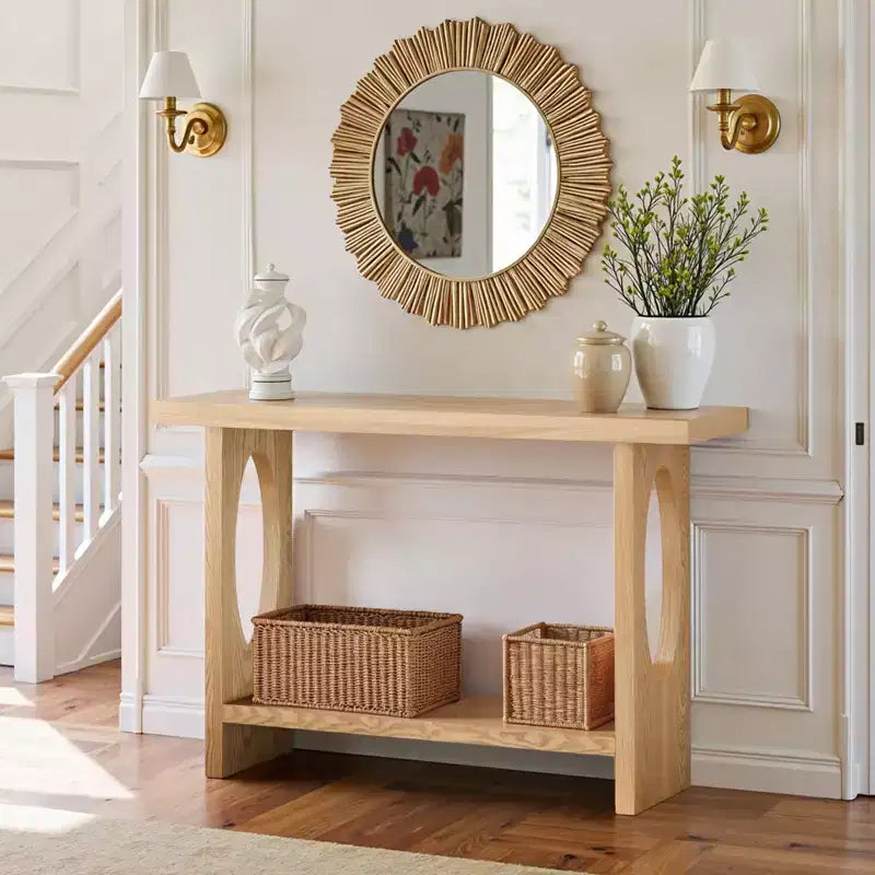 Bekrvio Tavoli console da fattoria in legno da 47 pollici con impiallacciatura in legno massello - Piano del tavolo ispessito da 2'', Tavolo stretto a 2 livelli dietro il divano
