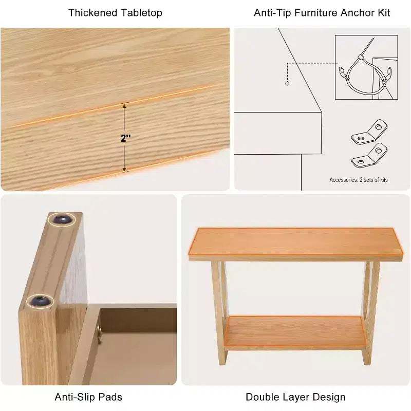 Bekrvio Tavoli console da fattoria in legno da 47 pollici con impiallacciatura in legno massello - Piano del tavolo ispessito da 2'', Tavolo stretto a 2 livelli dietro il divano