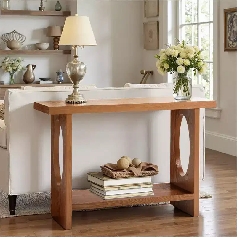 Bekrvio Tavoli console da fattoria in legno da 47 pollici con impiallacciatura in legno massello - Piano del tavolo ispessito da 2'', Tavolo stretto a 2 livelli dietro il divano