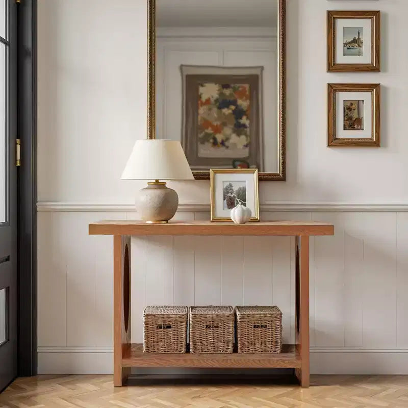Bekrvio Tavoli console da fattoria in legno da 47 pollici con impiallacciatura in legno massello - Piano del tavolo ispessito da 2'', Tavolo stretto a 2 livelli dietro il divano