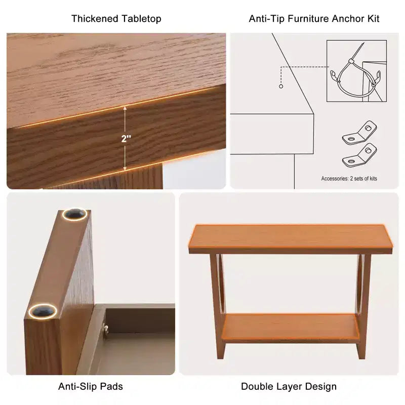 Bekrvio Tavoli console da fattoria in legno da 47 pollici con impiallacciatura in legno massello - Piano del tavolo ispessito da 2'', Tavolo stretto a 2 livelli dietro il divano