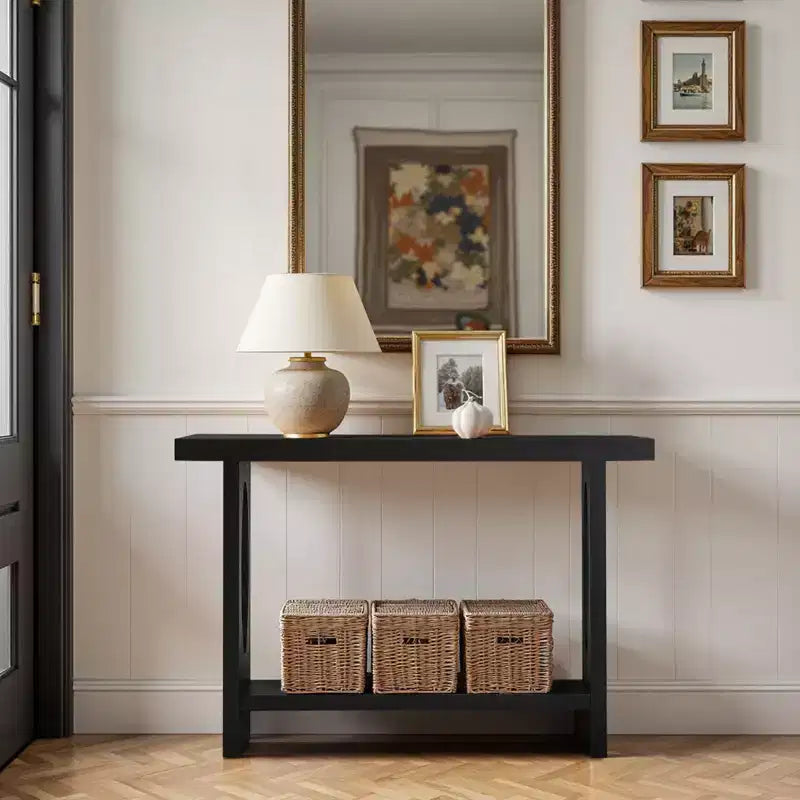Bekrvio Tavoli console da fattoria in legno da 47 pollici con impiallacciatura in legno massello - Piano del tavolo ispessito da 2'', Tavolo stretto a 2 livelli dietro il divano