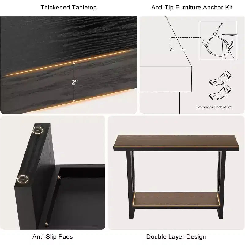 Bekrvio Tavoli console da fattoria in legno da 47 pollici con impiallacciatura in legno massello - Piano del tavolo ispessito da 2'', Tavolo stretto a 2 livelli dietro il divano