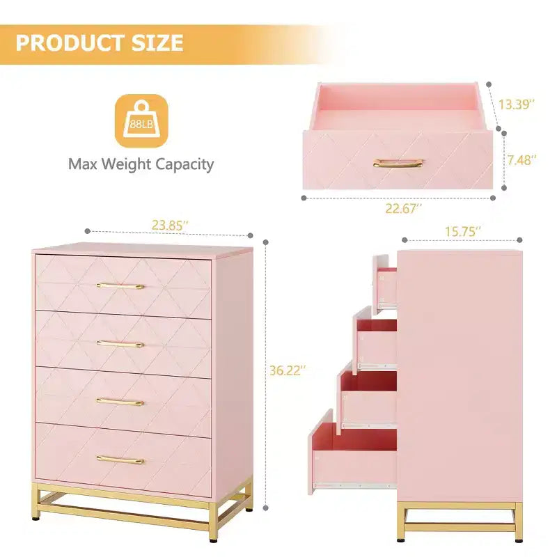 Commode blanche pour chambre à coucher, commode à 4 tiroirs avec poignées dorées, meuble de rangement en bois pour salon, couloir, chambre d'enfant