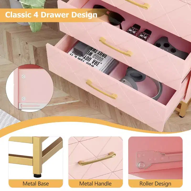 Commode blanche pour chambre à coucher, commode à 4 tiroirs avec poignées dorées, meuble de rangement en bois pour salon, couloir, chambre d'enfant