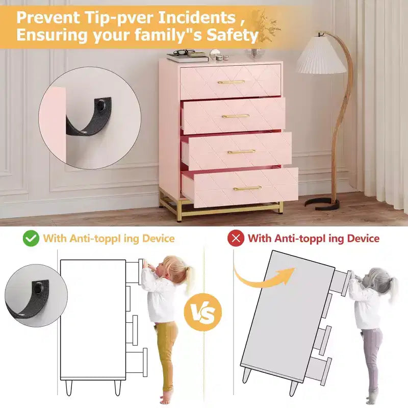 Commode blanche pour chambre à coucher, commode à 4 tiroirs avec poignées dorées, meuble de rangement en bois pour salon, couloir, chambre d'enfant