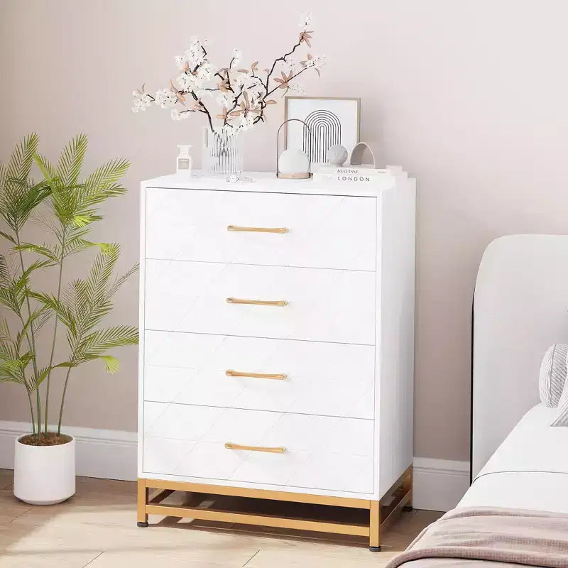 Commode blanche pour chambre à coucher, commode à 4 tiroirs avec poignées dorées, meuble de rangement en bois pour salon, couloir, chambre d'enfant