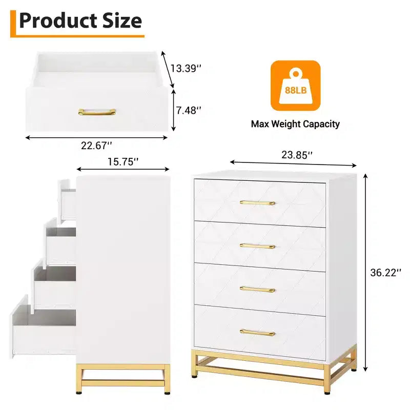 Commode blanche pour chambre à coucher, commode à 4 tiroirs avec poignées dorées, meuble de rangement en bois pour salon, couloir, chambre d'enfant