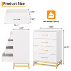 Commode blanche pour chambre à coucher, commode à 4 tiroirs avec poignées dorées, meuble de rangement en bois pour salon, couloir, chambre d'enfant