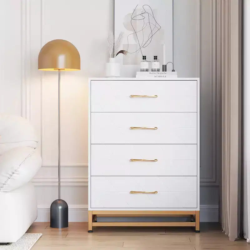 Commode blanche pour chambre à coucher, commode à 4 tiroirs avec poignées dorées, meuble de rangement en bois pour salon, couloir, chambre d'enfant