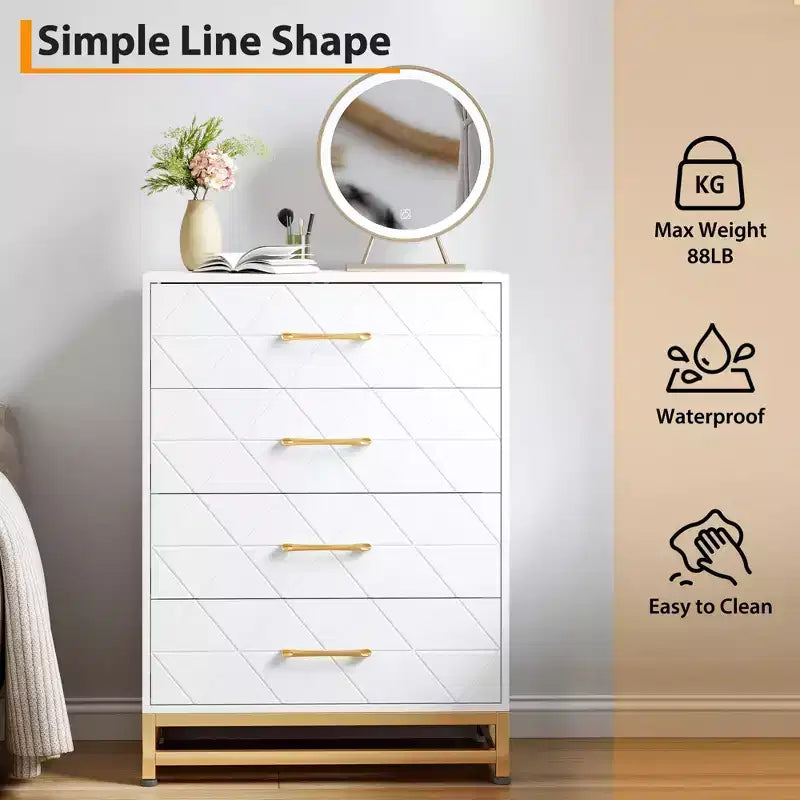 Commode blanche pour chambre à coucher, commode à 4 tiroirs avec poignées dorées, meuble de rangement en bois pour salon, couloir, chambre d'enfant