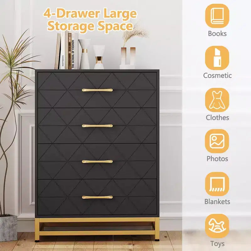 Commode blanche pour chambre à coucher, commode à 4 tiroirs avec poignées dorées, meuble de rangement en bois pour salon, couloir, chambre d'enfant