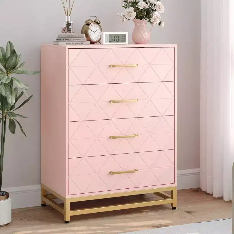 Commode blanche pour chambre à coucher, commode à 4 tiroirs avec poignées dorées, meuble de rangement en bois pour salon, couloir, chambre d'enfant