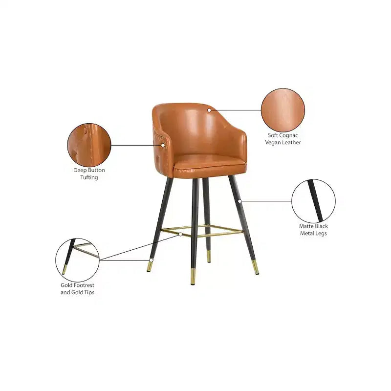 Meridian Furniture, Sgabello da bancone/bar in pelle vegana cognac Barbosa, Set da 2
