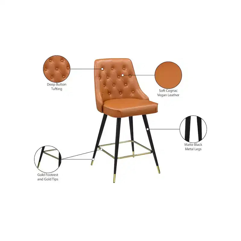 Meridian Furniture, Tabouret de comptoir/bar en cuir végétalien Cognac Portnoy, Lot de 2