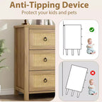 Comodino in Rattan Acekool con Cassetti, Ampia Cassettiera Boho con Cassetti Profondi e Maniglie ad Anello per Camera da Letto, Cameretta, Soggiorno - Naturale