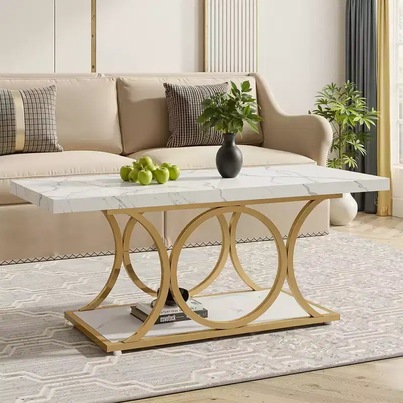 MAYEERTY Tavolino Moderno a 2 Livelli, Top in Finto Marmo Bianco e Gambe in Metallo Dorato per Soggiorno