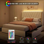 Letto Imbottito Matrimoniale in Velluto con 4 Cassetti Contenitore, Letto Smart a LED, Struttura Imbottita in Tessuto con Testiera a Onde