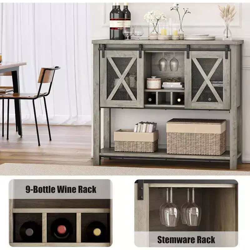 Mobile Bar con Anta Scorrevole, Mobile Caffè con Portabottiglie e Portabicchieri, Credenza da Cucina con Ripiani, Mobile per Liquori