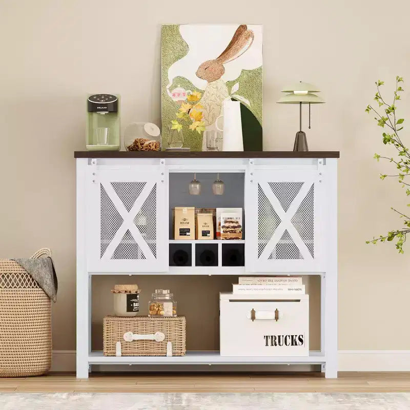 Mobile Bar con Anta Scorrevole, Mobile Caffè con Portabottiglie e Portabicchieri, Credenza da Cucina con Ripiani, Mobile per Liquori