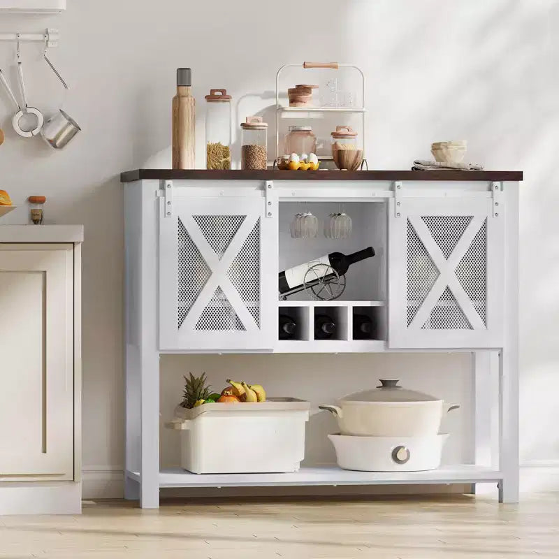 Mobile Bar con Anta Scorrevole, Mobile Caffè con Portabottiglie e Portabicchieri, Credenza da Cucina con Ripiani, Mobile per Liquori