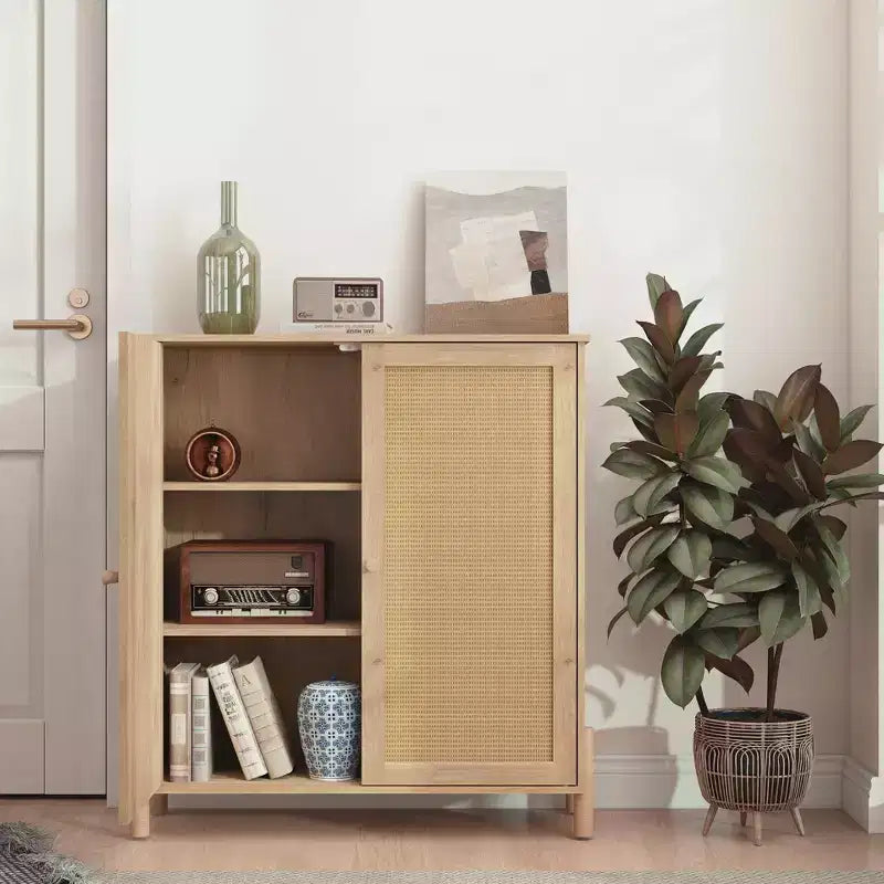 GDFStudio Elise Armadietto moderno di metà secolo con ante in rattan intrecciato e ripiani regolabili