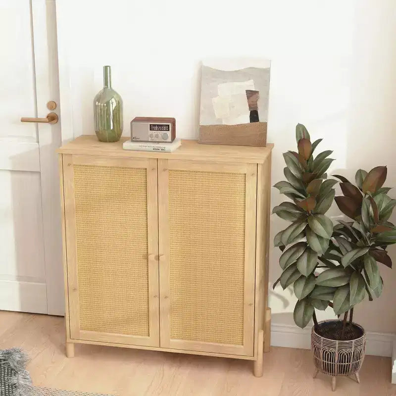 GDFStudio Elise Armadietto moderno di metà secolo con ante in rattan intrecciato e ripiani regolabili