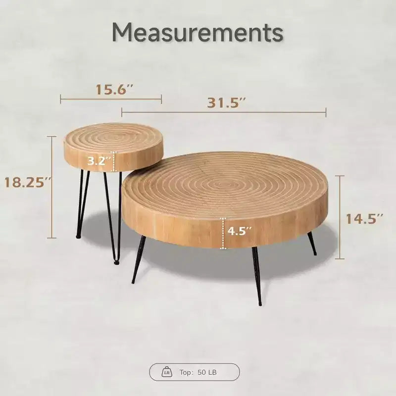COZAYH Ensemble de 2 tables basses de salon modernes de style ferme, tables gigognes rondes finition naturelle avec bois artisanal, motif anneau