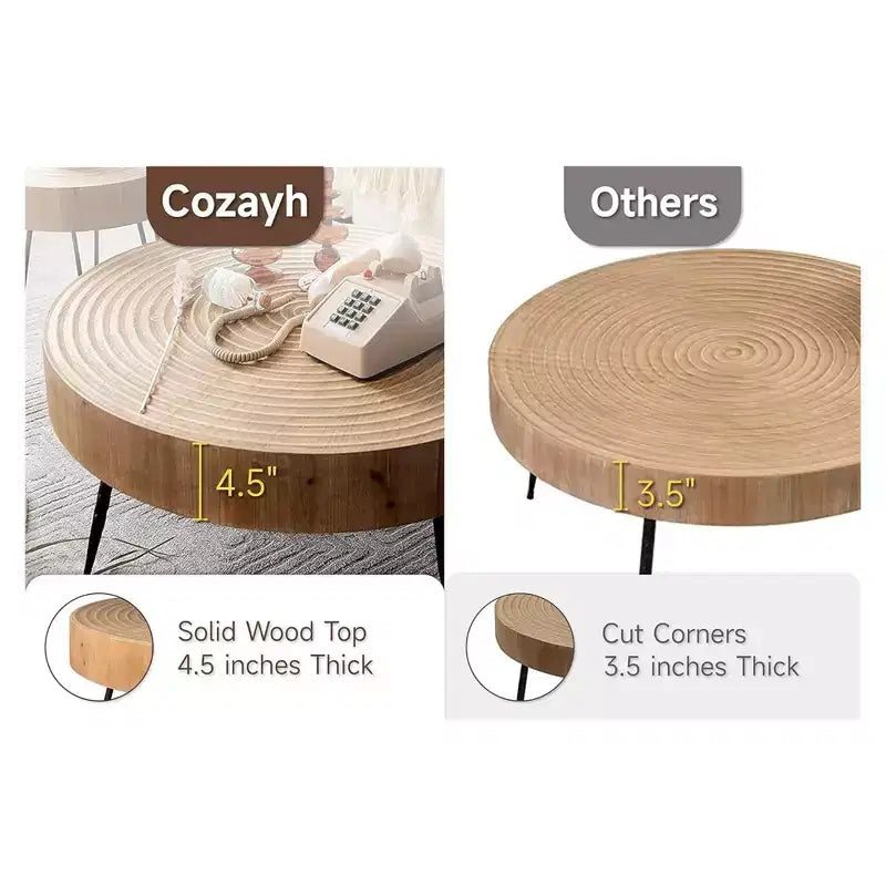 COZAYH Ensemble de 2 tables basses de salon modernes de style ferme, tables gigognes rondes finition naturelle avec bois artisanal, motif anneau
