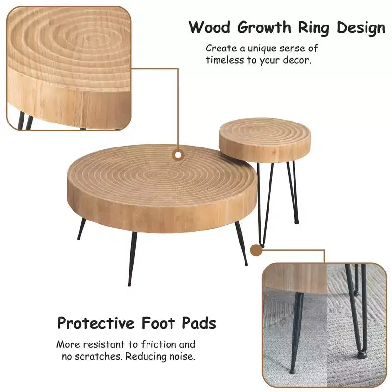 COZAYH Ensemble de 2 tables basses de salon modernes de style ferme, tables gigognes rondes finition naturelle avec bois artisanal, motif anneau