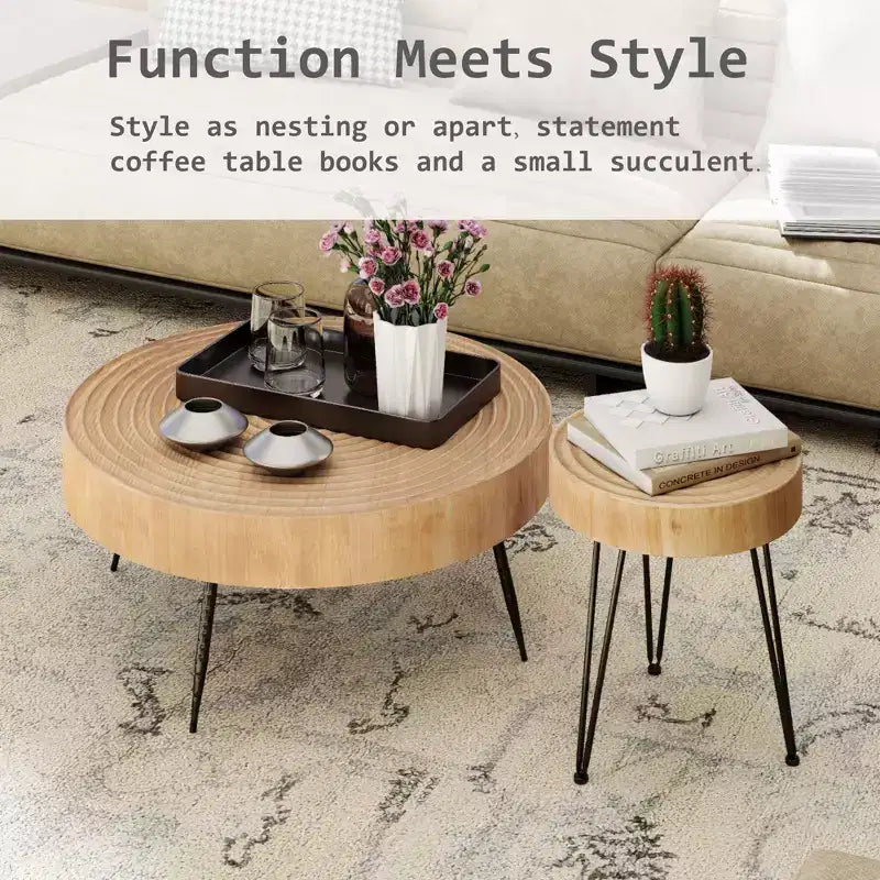 COZAYH Ensemble de 2 tables basses de salon modernes de style ferme, tables gigognes rondes finition naturelle avec bois artisanal, motif anneau