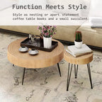 COZAYH Ensemble de 2 tables basses de salon modernes de style ferme, tables gigognes rondes finition naturelle avec bois artisanal, motif anneau
