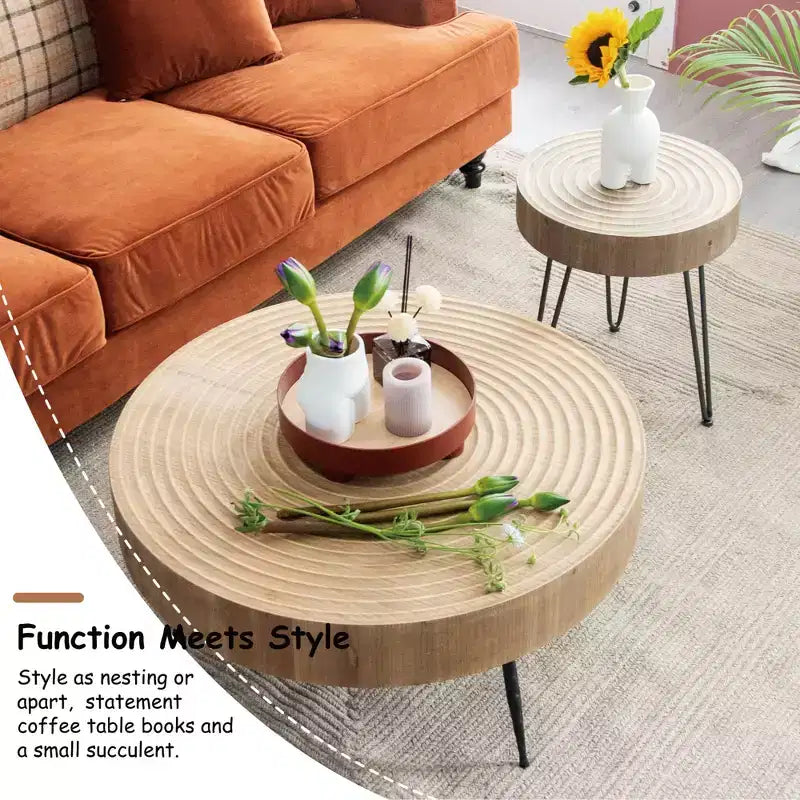 COZAYH Ensemble de 2 tables basses de salon modernes de style ferme, tables gigognes rondes finition naturelle avec bois artisanal, motif anneau