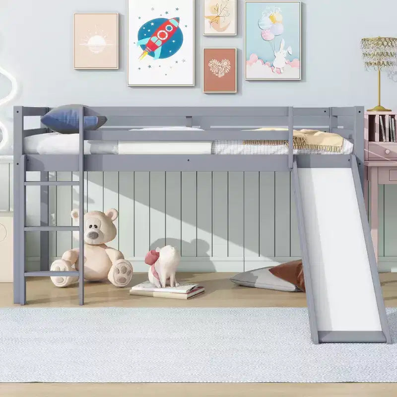 MAYEERTY Twin Low Loft Bed with Slide, Ladder, Safety Guardrails Gray