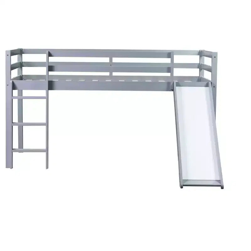 MAYEERTY Letto a soppalco basso singolo con scivolo, scaletta, spondine di sicurezza Grigio