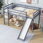 MAYEERTY Letto a soppalco basso singolo con scivolo, scaletta, spondine di sicurezza Grigio