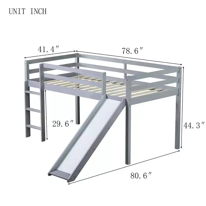 MAYEERTY Letto a soppalco basso singolo con scivolo, scaletta, spondine di sicurezza Grigio