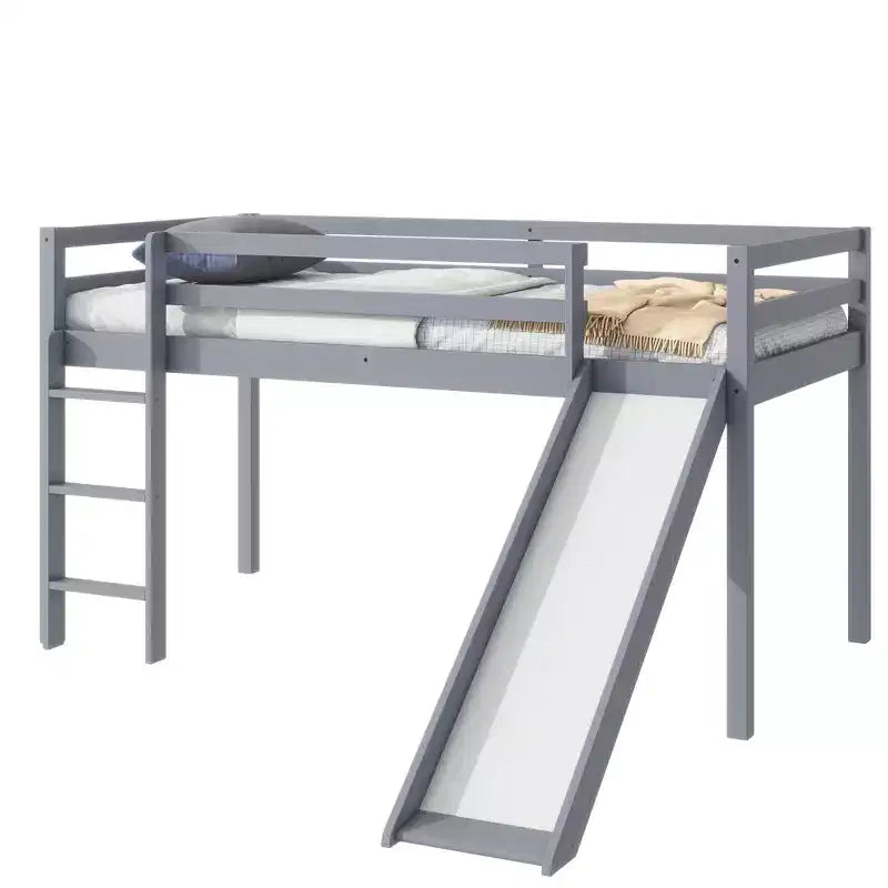 MAYEERTY Letto a soppalco basso singolo con scivolo, scaletta, spondine di sicurezza Grigio