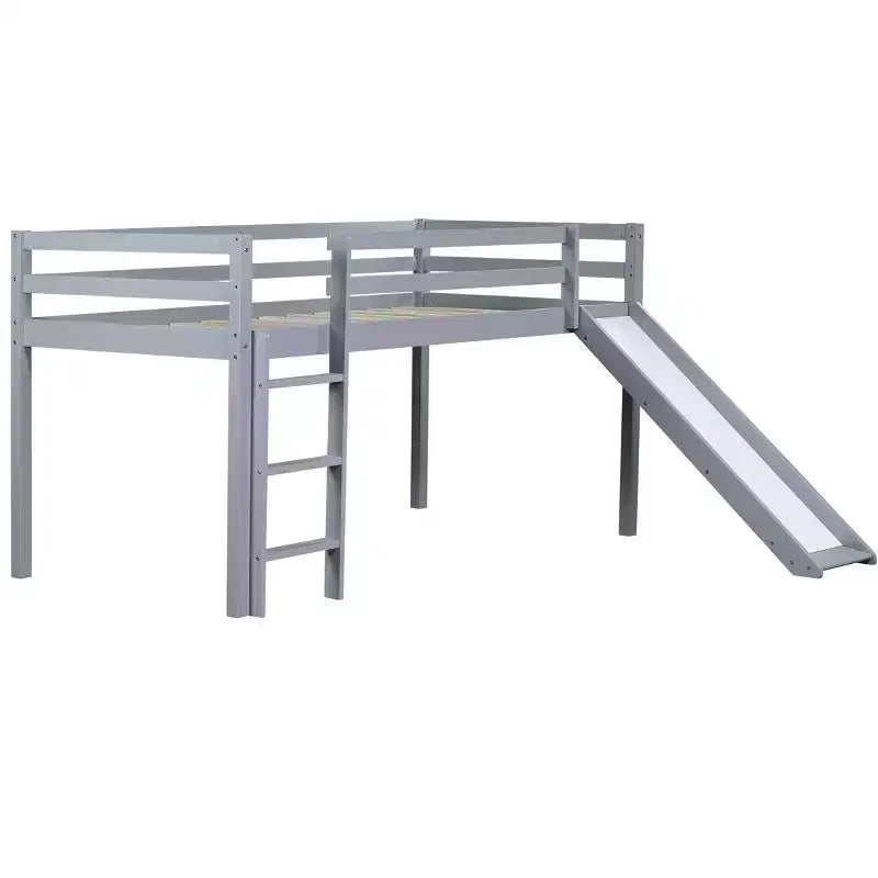 MAYEERTY Letto a soppalco basso singolo con scivolo, scaletta, spondine di sicurezza Grigio