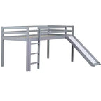 MAYEERTY Letto a soppalco basso singolo con scivolo, scaletta, spondine di sicurezza Grigio