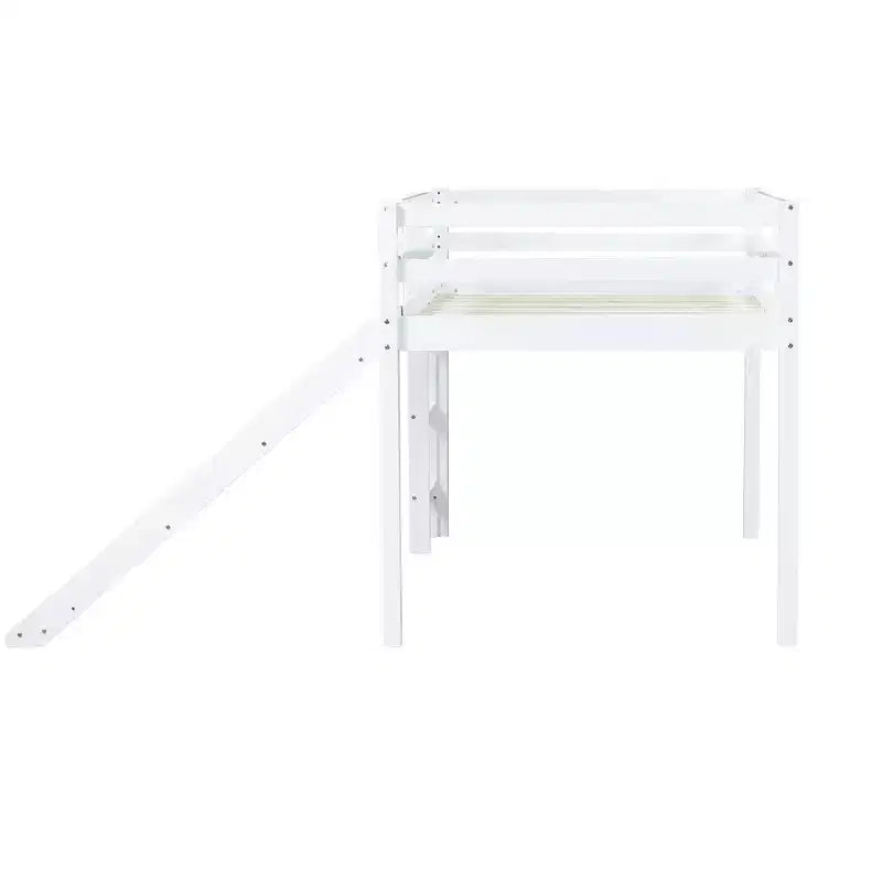 MAYEERTY Letto a soppalco basso singolo con scivolo, scaletta, spondine di sicurezza, colore bianco