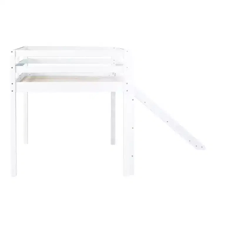 MAYEERTY Letto a soppalco basso singolo con scivolo, scaletta, spondine di sicurezza, colore bianco